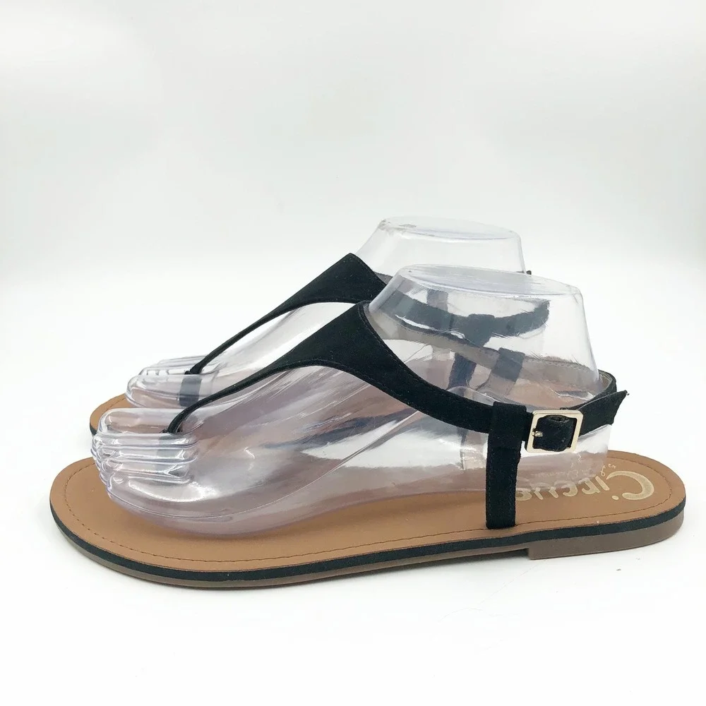 Circus by Sam Edelman Sandals Womens 9.5 Bianca Black Thong Flat T-Strap Buckle